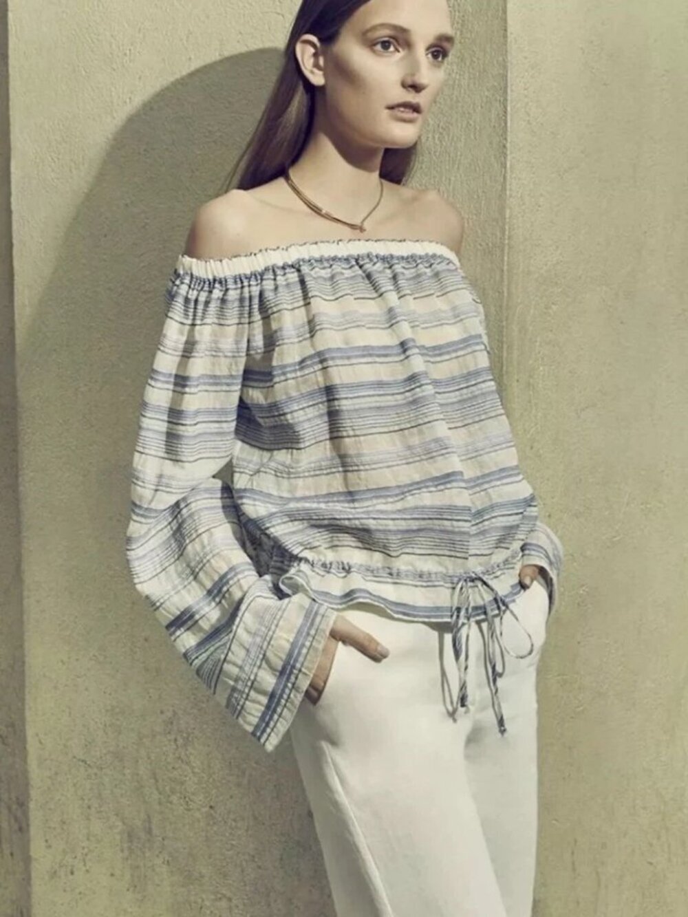 Theory Odettah Vall Striped Off-the-Shoulder Top S